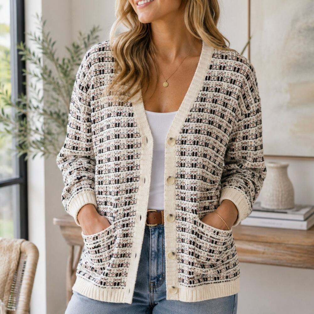 Carbon2Cobalt Textured Knit Cardigan Cream Black Confetti Bouclé Women's M